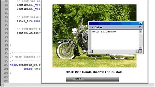 The output panel displays stop slideshow when the stop_mc instance is clicked.
