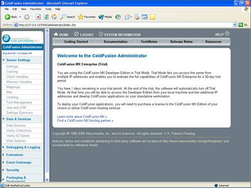 The ColdFusion Administrator’s browser-based interface.