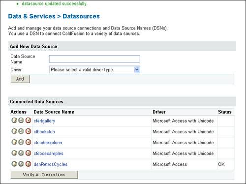 The DSN has been added and your database is connected to the ColdFusion server.