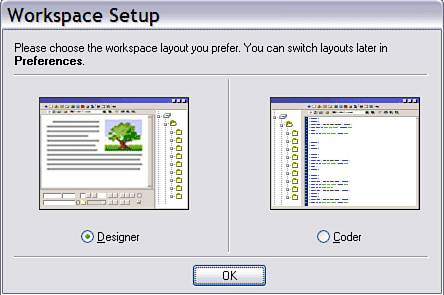 The Workspace Setup dialog box appears when you first install Dreamweaver on a Windows system. You can also access Workspace Setup from the Preferences dialog box.