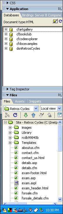 Click the arrow next to panel groups to open and close panels. Here, you see the Databases, Bindings, Server Behaviors, Components, Files, Assets, and Snippets panels, with the Application and Files panel groups open.