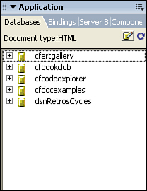 The Databases panel controls database connections.