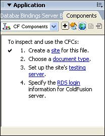 The Components panel provides access to ColdFusion components and web services.