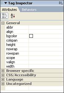 The Attributes panel enables you to visualize attributes of specific code tags.