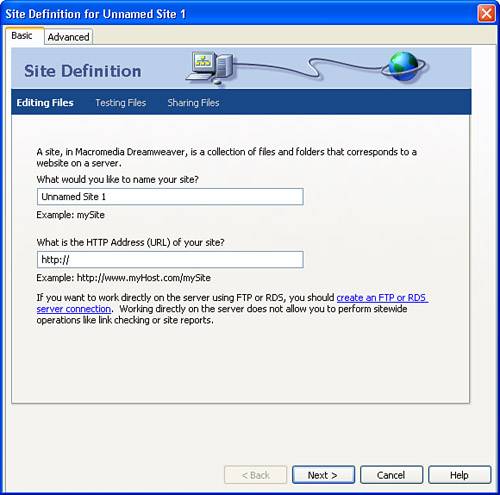 The Site Definition dialog box offers a basic and advanced option for defining your site.