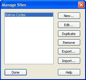 Highlight the appropriate site in the Manage Sites dialog box and click Edit.