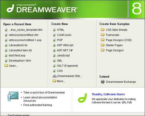 The Dreamweaver welcome screen provides you with links to create a variety of new documents.