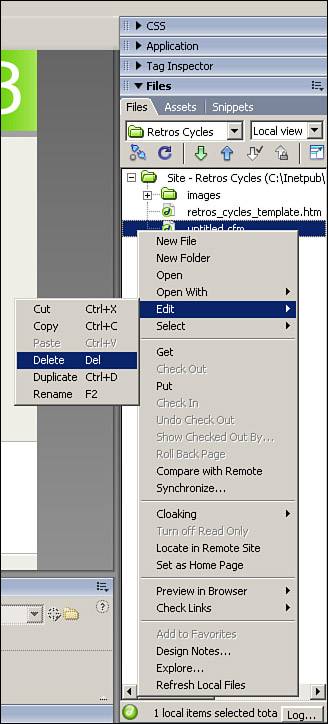 With the Site window open and a file selected, you can access a context menu with a variety of options, including Delete, Duplicate, and Rename.