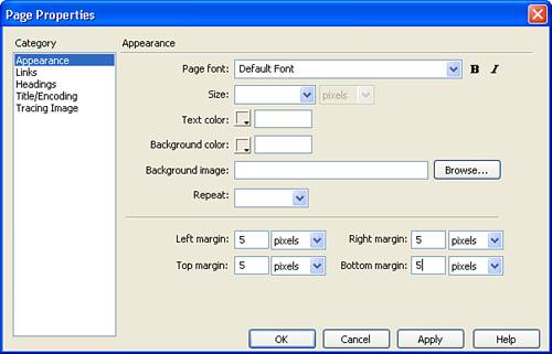 Use the Page Properties dialog box to set margins.