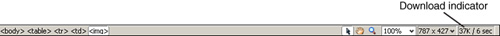 The Download indicator displays the file size of the page and all its components and approximates the download time at a preselected connection speed.