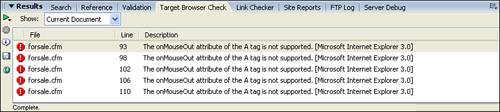 The Target Browser Check displays each error that might be encountered and the browser that would cause the error.