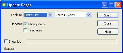 The Update Pages dialog box is used to update both Library items and templates used in the site.