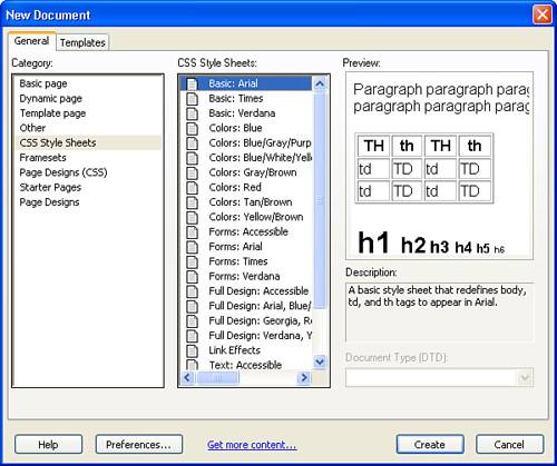 The CSS Style Sheets category provides access to predefined style sheets.