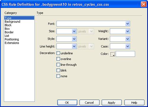 The CSS Rule Definition dialog box enables you to customize how the rule will modify the object to which it is applied.