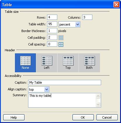 The Table dialog box enables you to set up your new table.