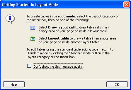 Dreamweaver alerts you to some of the useful tools in the Layout mode.