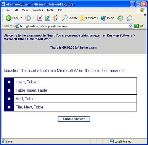 An example of a web application that benefits from frames. The top frame displays the timer and never reloads; the bottom frame displays the exam question.