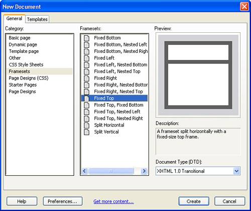 Create your new frameset by using the New Document dialog box.