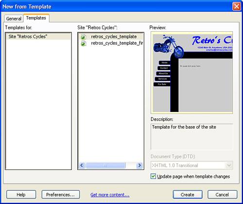 The New from Template dialog box enables you to select from the available templates associated with your site.