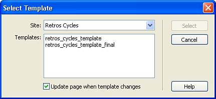 The Select Template dialog box enables you to choose which template to apply to the page.