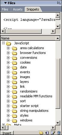 The Snippets panel with the JavaScript folder expanded.