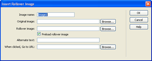 The Insert Rollover Image dialog box helps you create a rollover image.