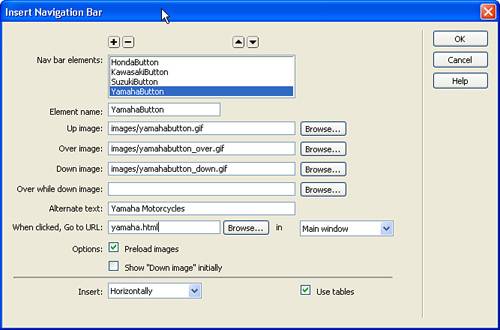 The Insert Navigation Bar dialog box helps you create interactive navbars.