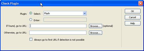 The Check Plugin dialog box enables you to specify which plug-in should be located and what to do if it is or isn’t found.