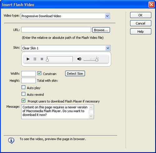 The Insert Flash Video dialog box enables you to add video easily to your pages.