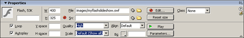 When a Flash movie is selected, the Property inspector provides you with access to the movie’s attributes.