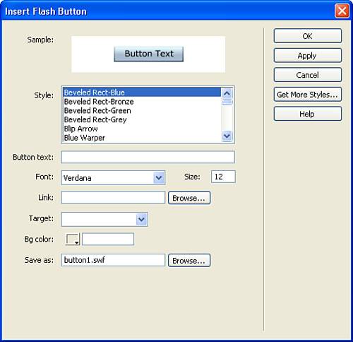 Use the Insert Flash button dialog box to create your Flash button.