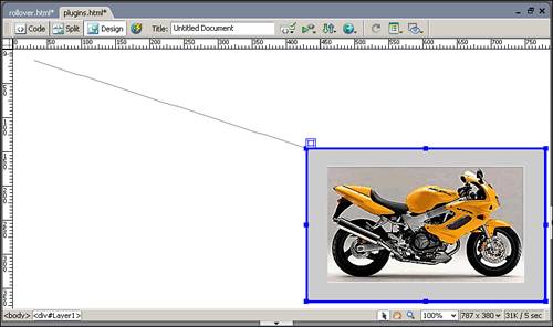 The path of the layer is indicated by a line in the Design view.