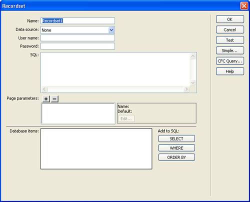 The Recordset dialog box enables you to extract data from your database.