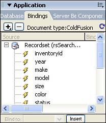 The Bindings panel shows all the available recordsets and their corresponding data bindings.