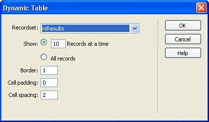 The Dynamic Table dialog box helps you extract data from your recordset to display on your page.