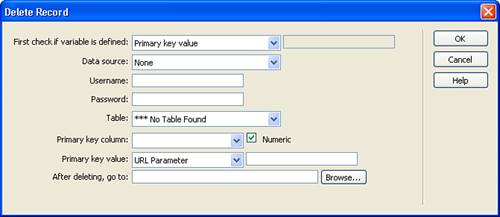 The Delete Record dialog box helps you create pages that remove data from your database.