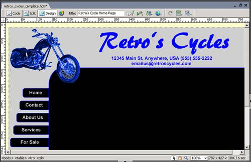 The template for the Retro’s Cycles site in Dreamweaver.