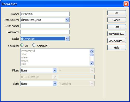 Choose a name, connection, and table for your recordset.