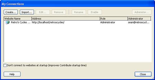The My Connections dialog box enables you to manage your website connections.