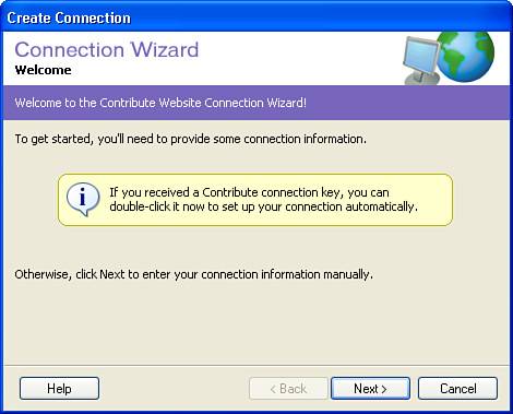 Contribute’s Connection Wizard steps you through the process of creating a site.