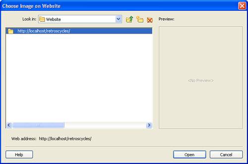 The Choose Image on Website dialog box enables you to link to an image stored in another website.