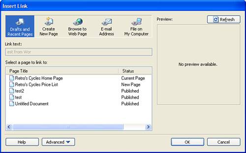 The Insert Link dialog box enables you to create hyperlinks to pages within your site or to external pages in other sites.