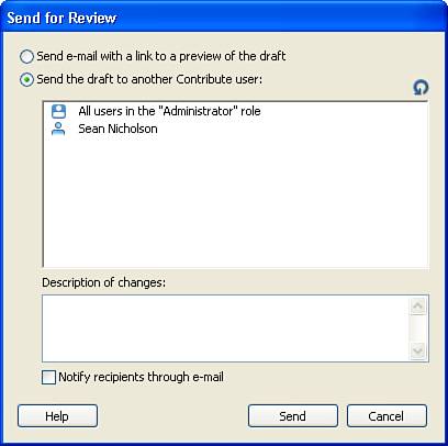 The Send for Review dialog box enables you to send a copy of the page or a link to the page to another person.