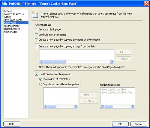 The New Pages dialog box lets you determine whether or not new pages can be created and in what manner.