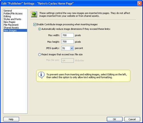 The New Images category enables you to place restrictions on the images that are placed into pages.