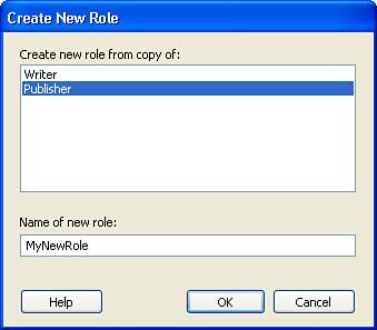 The Create New Role dialog box enables you to designate a new role within your website administration schema.