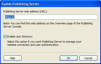 The Enable Publishing Server dialog box allows you to enable the services and manage users from a network user directory.