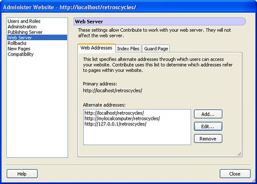 The Web Addresses tab lets you add any additional URLs that you use to access the site.