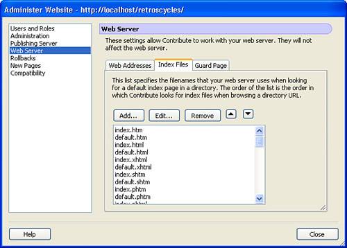 The Index Files tab enables you to indicate what files and extensions should be treated as index pages.