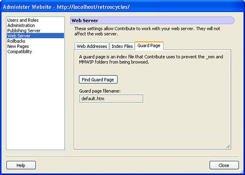 The Guard Page tab allows you to specify the filename of the guard page that prevents directory indexing.